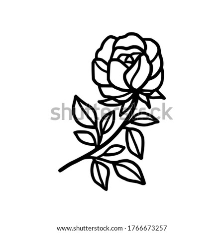 Hand drawn monochrome rose, flower, leaf, and foliage element for wedding invitation, logo, symbol, greeting cards,  botanical icon, or banner. Summer, spring, and autumn botany element