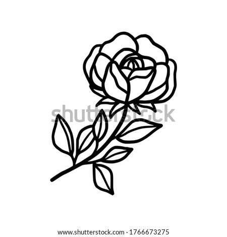Hand drawn monochrome rose, flower, leaf, and foliage element for wedding invitation, logo, symbol, greeting cards,  botanical icon, or banner. Summer, spring, and autumn botany element