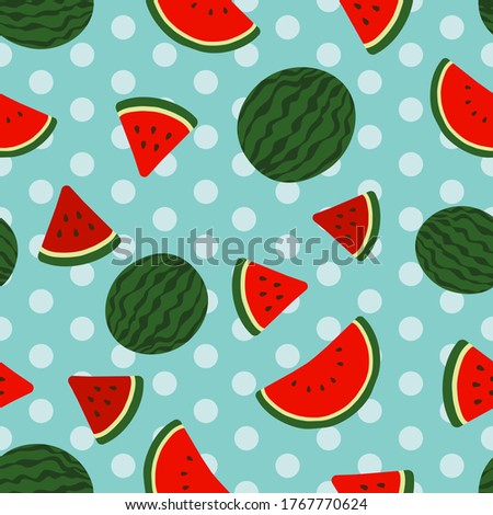 Red watermelon full and slices flat vector illustration, over sky blue polka dots background seamless pattern