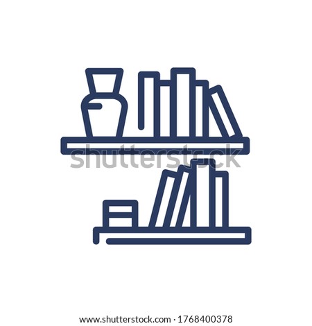 Bookshelves thin line icon. Books, shelves, vase isolated outline sign. Home interior, furniture, knowledge, education concept. Vector illustration symbol element for web design and apps