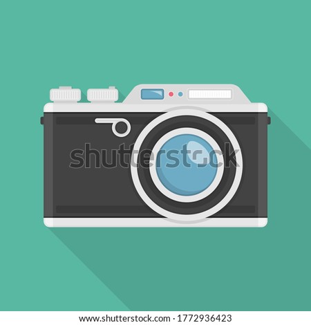 Retro camera or vintage camera in a flat design. Illustration of Old style photo camera isolated on green background. Flat photo camera shutter creative optical classic cam.