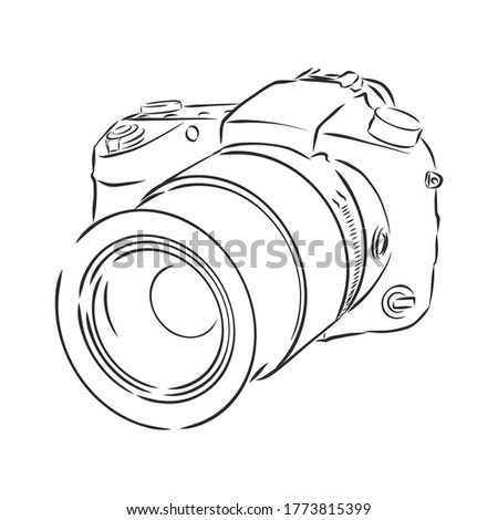 Analog photo camera sketch drawing isolated on white background. camera, vector sketch illustration