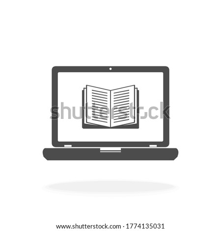 Computer With Open Book for Online Learning and Education Concept - Vector Icon Illustration Sign 