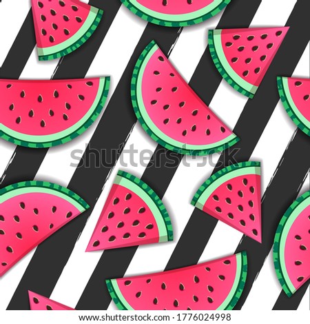Seamless pattern with watermelon slices on striped black and white background. Vector illustration. Watermelon summer background