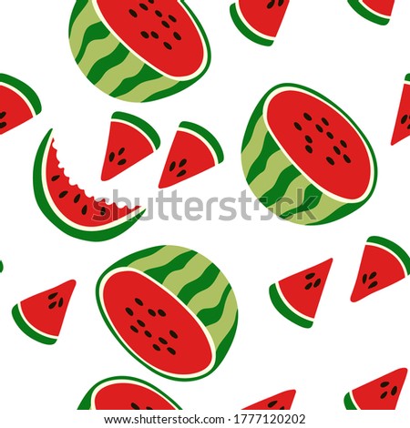 Seamless pattern with slices of red watermelons. Repeating endless elements. Juicy and tasty fruits for a summer print. Background for textiles, packaging, postcards, etc.