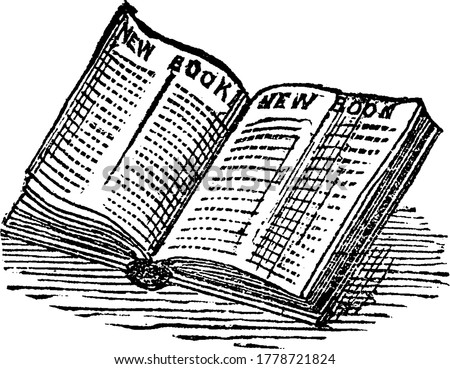 A typical representation of a book, left opened. Generally, book is a collection of sheets of paper, or similar material, blank, written, or printed, bound together, vintage line drawing or engraving