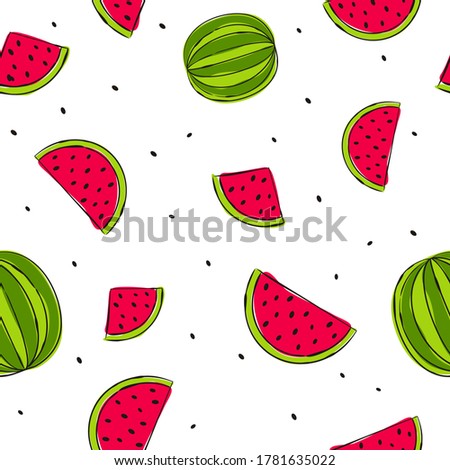 Seamless vector pattern with hand drawn watermelons. Bright green and red slices of watermelons on a white background. Trendy juicy illustration. Summer mood