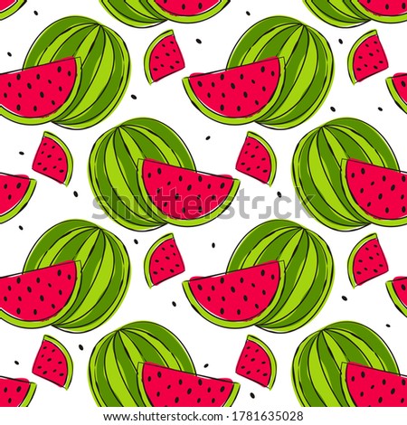 Seamless vector pattern with hand drawn watermelons. Bright green and red slices of watermelons on a white background. Trendy juicy illustration. Summer mood