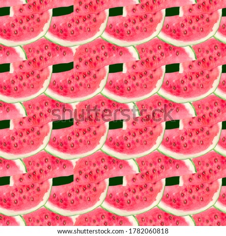 Seamless watercolor background with slices of watermelon. Slices of red watermelon with seeds. Summer vacation and food. For the design of wrapping paper, cards, stickers, clothes, textiles, notebooks