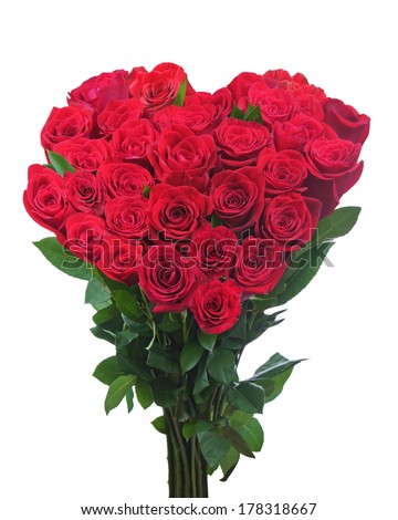 Bouquet from red roses in shape of heart isolated on white background. Closeup.
