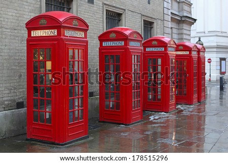 Five telephone booths at West End in London