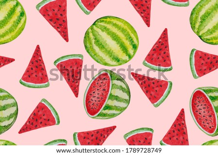 Seamless pattern. Many slices of red ripe watermelon on a pink background.