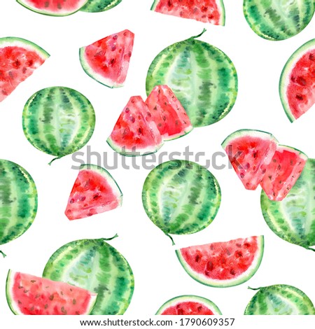 Watermelon, melon. Summer fruits. Repeating seamless pattern. Watercolor illustration. Juicy, bright, sweet, delicious fruits. Hand-drawn colorful image.