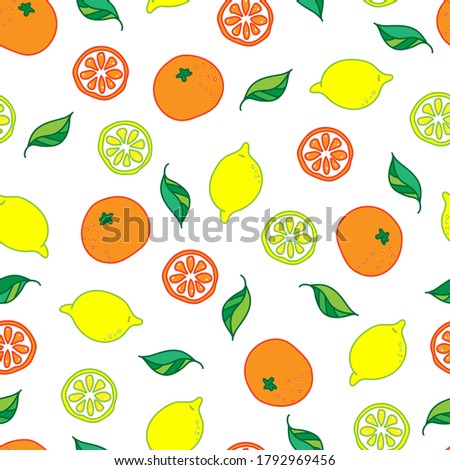 Seamless citrus pattern on white background. Hand drawn vector illustration of lemons and oranges.