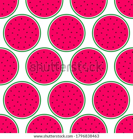 Watermelons seamless pattern. Pink pulp, black seeds and green rind. Vector illustration.