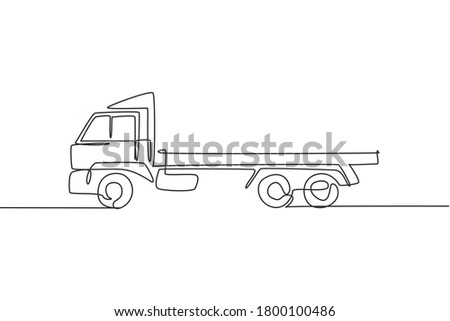One continuous line drawing of long trailer truck for logistic delivery, commercial vehicle. Heavy construction trucks equipment concept. Dynamic single line draw design vector graphic illustration