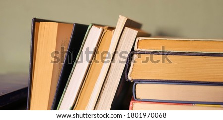 Stack of books banner. Education concept. Reading classical literature. Scientific research. Copy space
