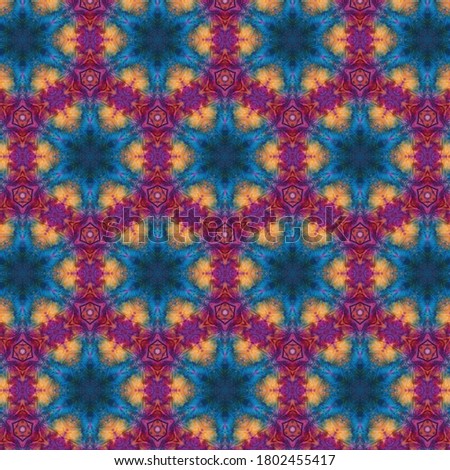 violet, purple, orange and blue watercolor kaleidoscopic seamless pattern for textile, surface, fashion, interior design. acrylic gouache pattern background. geometrical design textile