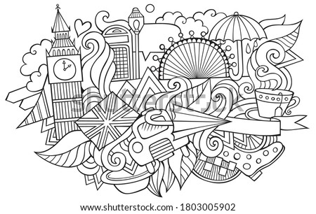 London hand drawn cartoon doodles illustration. Funny travel design. Creative art vector background. City symbols, elements and objects. Sketchy composition