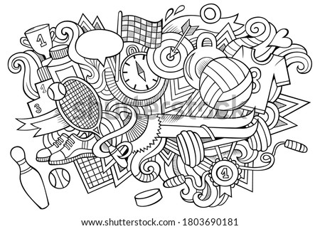 Sport hand drawn cartoon doodles illustration. Funny design. Creative art vector background. Fitness symbols, elements and objects. Sketchy composition