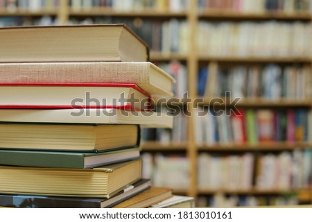 Books on the desk in the school library
