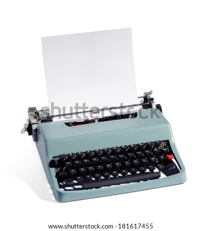 Old fashioned manual typewriter with a sheet of blank paper in the carriage with copy space for your text , high angle view isolated on white