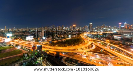 Panoramic image of Cityscape of Bangkok so called Na Ranong Square at night