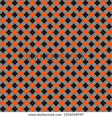 Halloween Argyle plaid. Scottish pattern in orange, black and gray rhombuses. Scottish cage. Traditional Scottish background of diamonds. Seamless fabric texture. Vector illustration