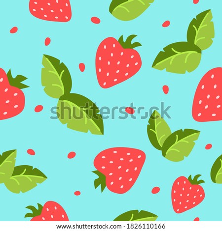 Bright and juicy seamless pattern with strawberries and leaves on a blue background.
