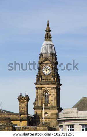 Town Hall clock tower over Bolton, England.