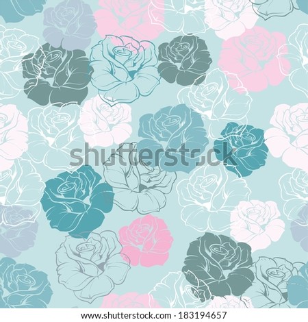 Seamless floral vector pattern with pink, white and navy blue retro roses on pastel blue background. Beautiful abstract texture with colorful flowers for desktop wallpaper or website design