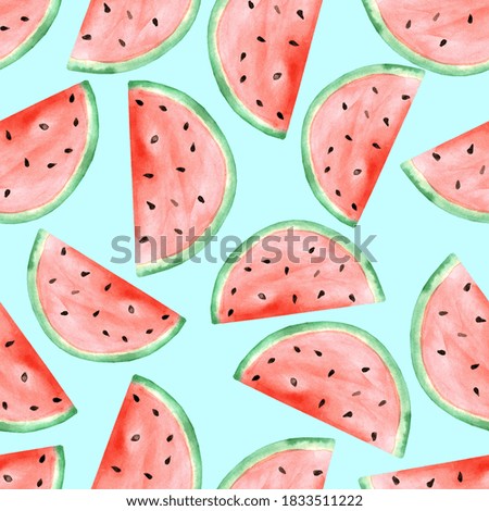 Watermelon slice. Watercolor on paper. Illustration. Hand made. Wall art print. Colorful image. Summer vibes. Healthy tropical food. Seamless pattern.	