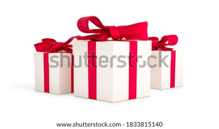 Christmas gifts white boxes tied with red ribbon. Birthday gift with love. Happy celebration present. 3D rendering