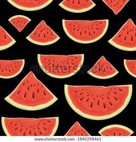 Fruit seamless pattern with appetizing slices of a red sweet watermelon on a black backdrop. Vector background with the ripe juicy watermelon, suitable for wallpaper, wrapping paper, fabric
