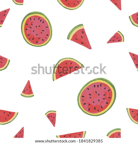 Vector pattern with watermelon on white, hand-drawn in watercolor for textile, background, postcard, poster, decoration. Bright summer isolated juicy slices of watermelon.