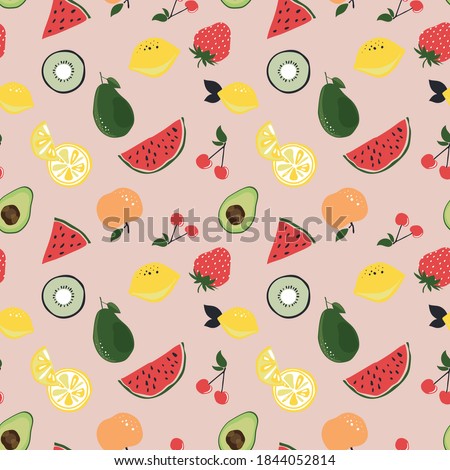 Seamless summer fruits print - All over fabric vector textile pattern for kids girl apparel