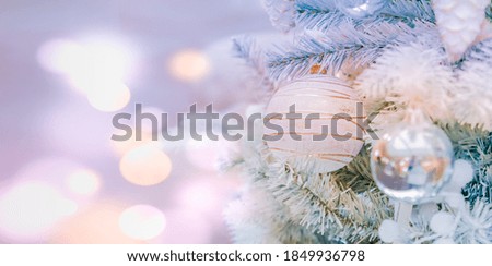 Festive panorama with christmas tree, decorations and garlands