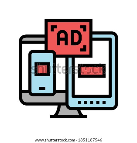 ad on computer phone and tablet display color icon vector. ad on computer phone and tablet display sign. isolated symbol illustration