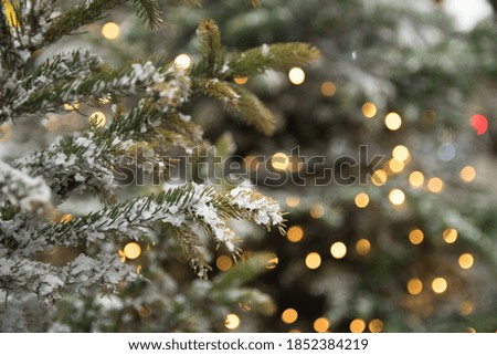 A selective focus shot of a Christmas tree with decorative snow in front of a bokeh background