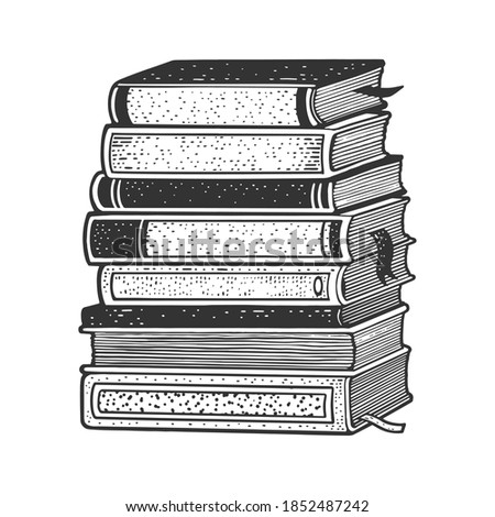 stack of books sketch engraving vector illustration. T-shirt apparel print design. Scratch board imitation. Black and white hand drawn image.