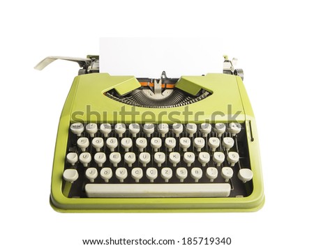 Portable green typewriter with sheet of paper isolated on white