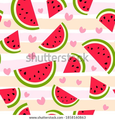 Cute watermelon slice seamless pattern in flat style. Fruit striped background with hearts. Wrapping paper, fabric, textile. Vector illustration. 