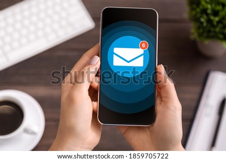 Collage of unrecognizable millennial woman using mobile phone with new email notification message on screen at office. Business mail services, online communications concept