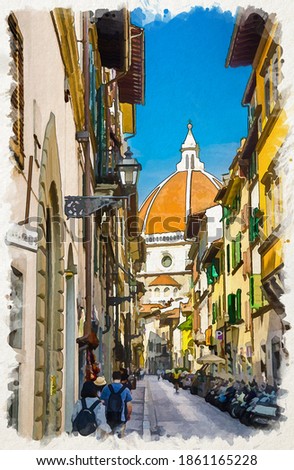 Watercolor drawing of Dome of Florence Duomo, Cattedrale di Santa Maria del Fiore, Basilica of Saint Mary of the Flower Cathedral, view from narrow street in historical city centre, Tuscany, Italy