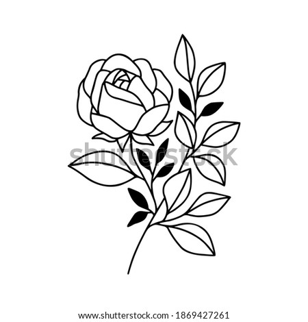 Hand drawn black botanical rose flower and floral leaf branch line art element for wedding invitation card, icon, logo, symbol, feminine brand, beauty product, and decoration