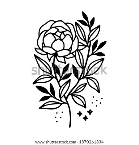 Hand drawn black peony, rose flower, floral leaf vector illustration. Line art element for wedding invitation card, icon, logo, symbol, coloring book, feminine brand, beauty product, and decoration