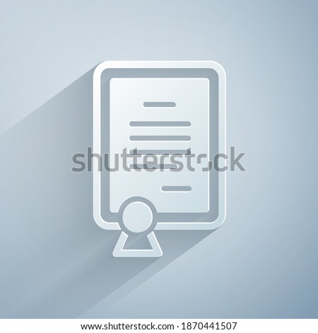 Paper cut Certificate template icon isolated on grey background. Achievement, award, degree, grant, diploma concepts. Paper art style. Vector