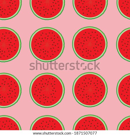 Creamy colored red and green watermelon pattern on pink background. Hand-drawn cartoon fruits  for textile, fabric. Bright watermelon triangle slices.