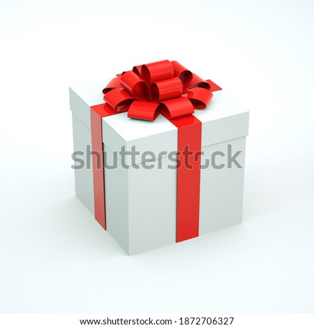 White gift box with a red ribbon bow isolated on a white background. 3d rendering, 3d illustration