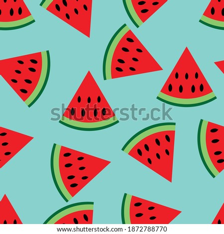 Watermelons pattern on blue color. Seamless vector of slice fruit background.